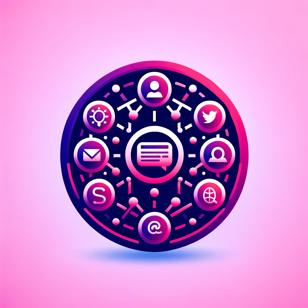 DALL·E 2024-01-17 01.04.42 - Create a unique icon that represents social media integration for ticketing, using a gradient of pink to purple colors. The icon should incorporate el
